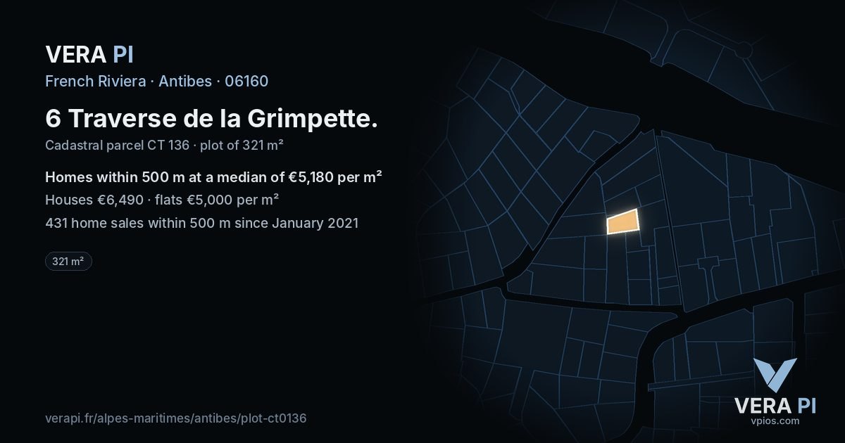 6 Traverse de la Grimpette, Antibes at night – the plot lit, the parcels around coloured by the prices near them