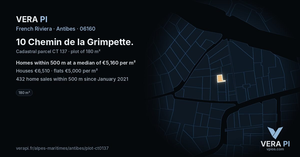 10 Chemin de la Grimpette, Antibes at night – the plot lit, the parcels around coloured by the prices near them