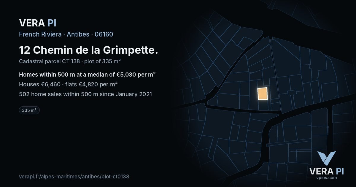 12 Chemin de la Grimpette, Antibes at night – the plot lit, the parcels around coloured by the prices near them