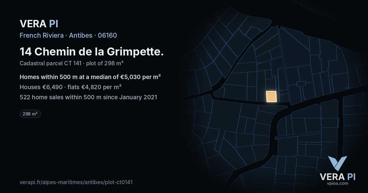 14 Chemin de la Grimpette, Antibes at night – the plot lit, the parcels around coloured by the prices near them