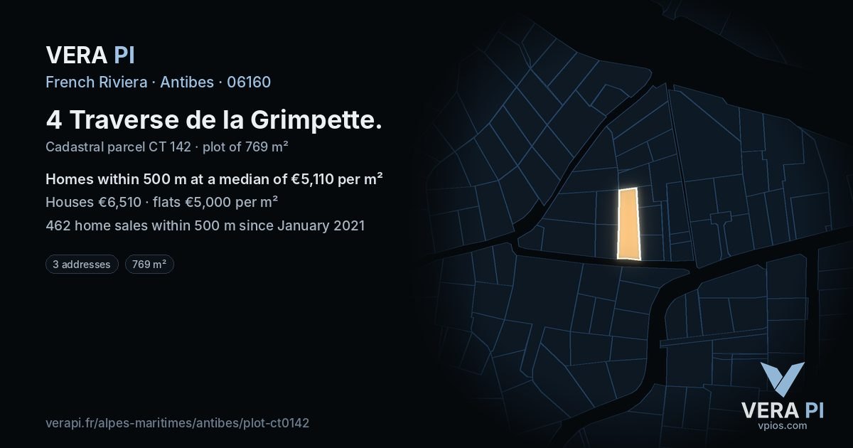 4 Traverse de la Grimpette, Antibes at night – the plot lit, the parcels around coloured by the prices near them