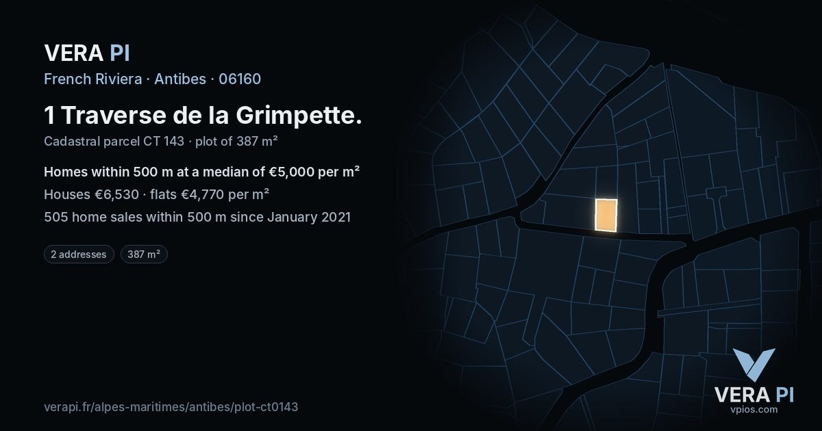 1 Traverse de la Grimpette, Antibes at night – the plot lit, the parcels around coloured by the prices near them