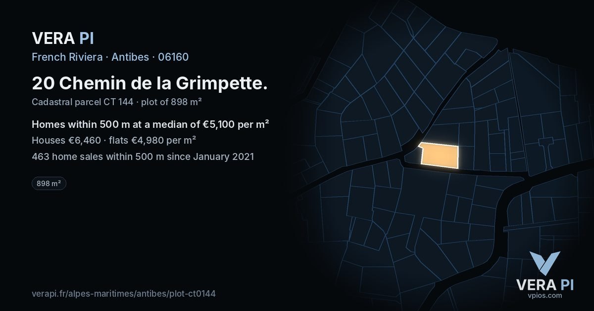 20 Chemin de la Grimpette, Antibes at night – the plot lit, the parcels around coloured by the prices near them