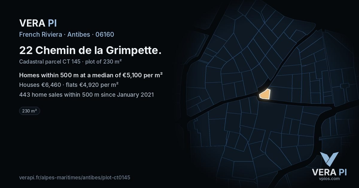 22 Chemin de la Grimpette, Antibes at night – the plot lit, the parcels around coloured by the prices near them