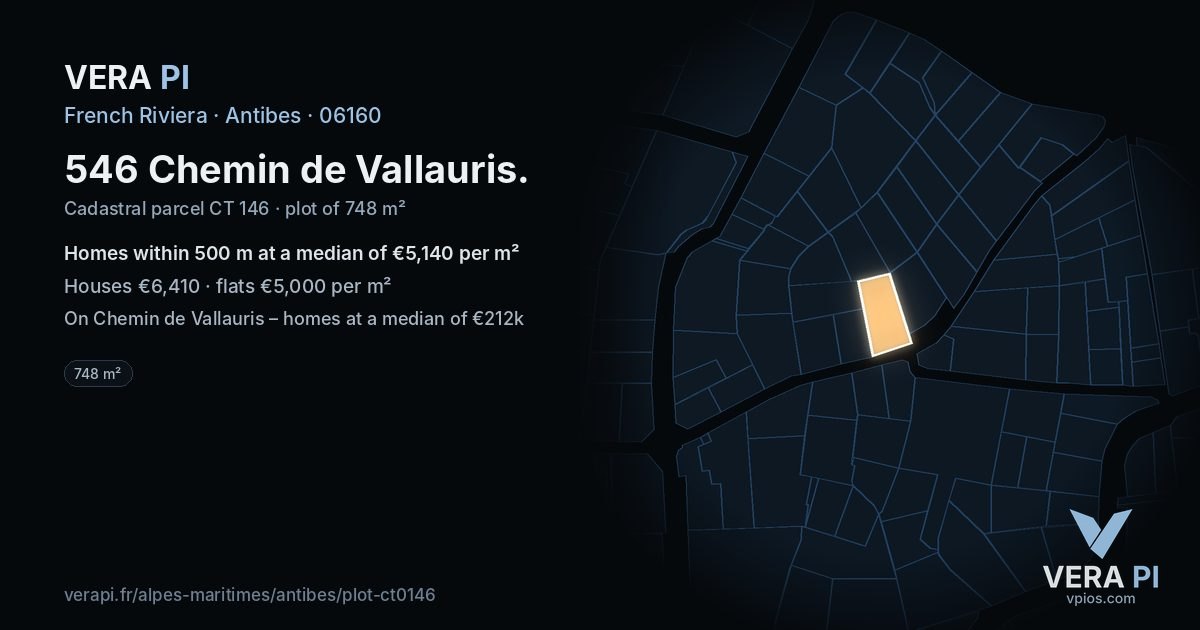 546 Chemin de Vallauris, Antibes at night – the plot lit, the parcels around coloured by the prices near them