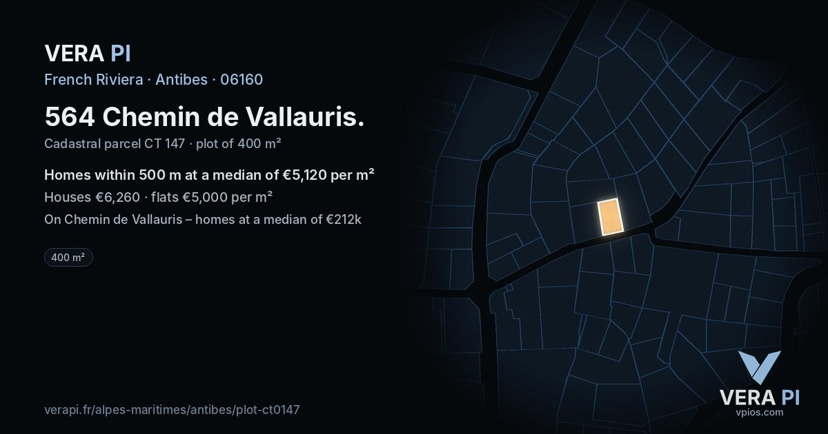 564 Chemin de Vallauris, Antibes at night – the plot lit, the parcels around coloured by the prices near them