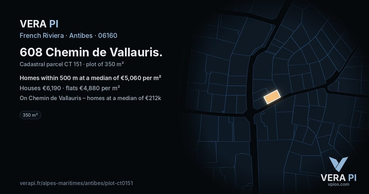 608 Chemin de Vallauris, Antibes at night – the plot lit, the parcels around coloured by the prices near them