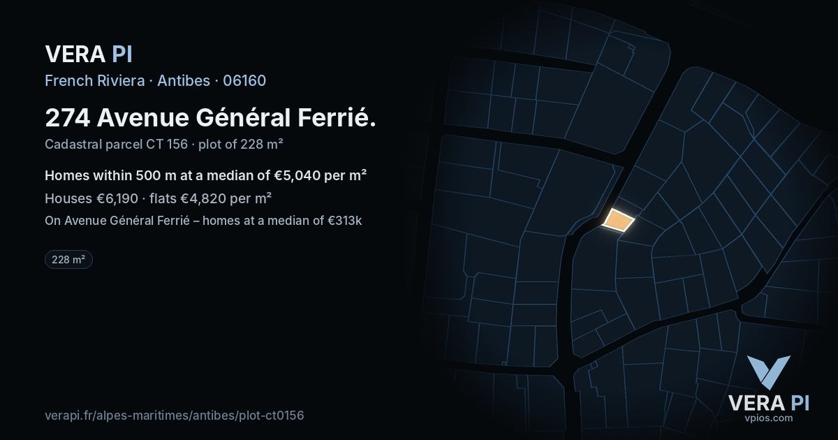 274 Avenue Général Ferrié, Antibes at night – the plot lit, the parcels around coloured by the prices near them