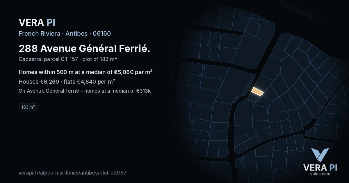 288 Avenue Général Ferrié, Antibes at night – the plot lit, the parcels around coloured by the prices near them