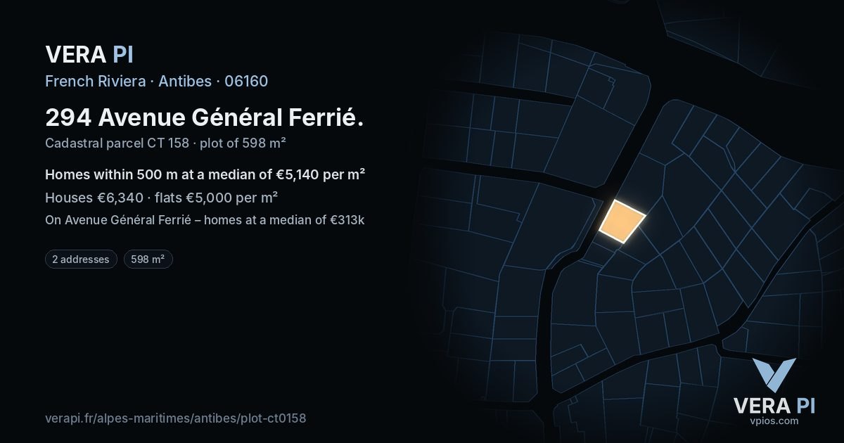 294 Avenue Général Ferrié, Antibes at night – the plot lit, the parcels around coloured by the prices near them