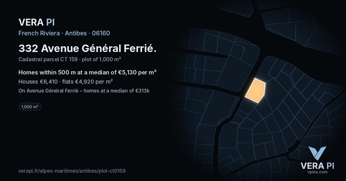 332 Avenue Général Ferrié, Antibes at night – the plot lit, the parcels around coloured by the prices near them