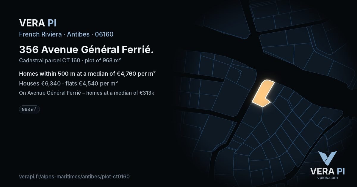 356 Avenue Général Ferrié, Antibes at night – the plot lit, the parcels around coloured by the prices near them