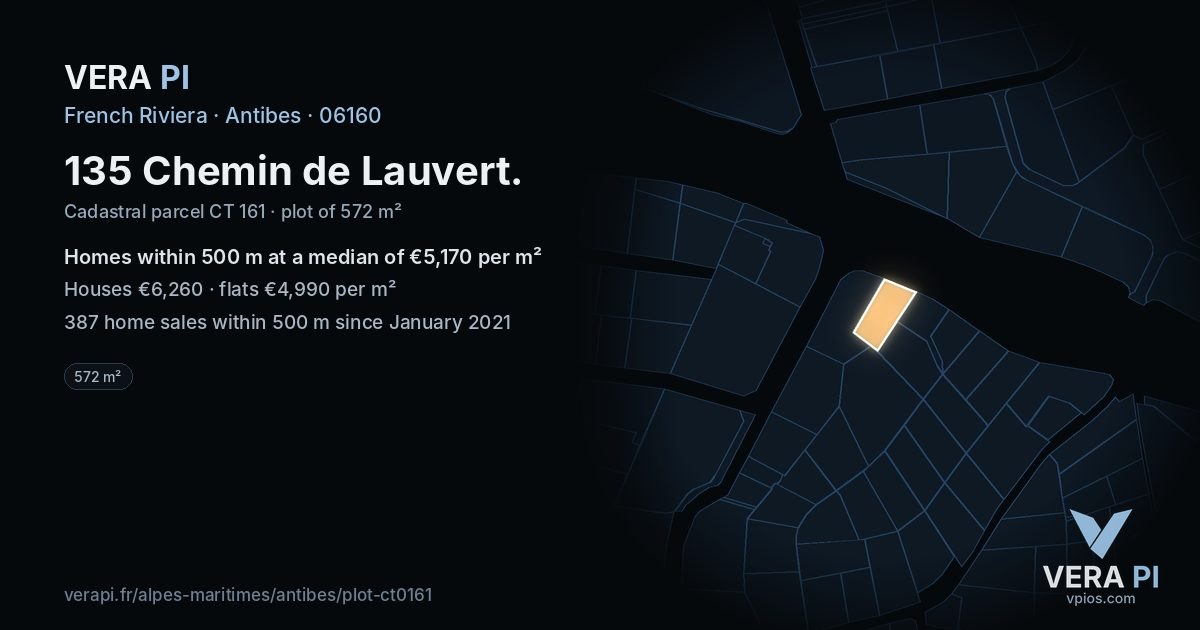 135 Chemin de Lauvert, Antibes at night – the plot lit, the parcels around coloured by the prices near them