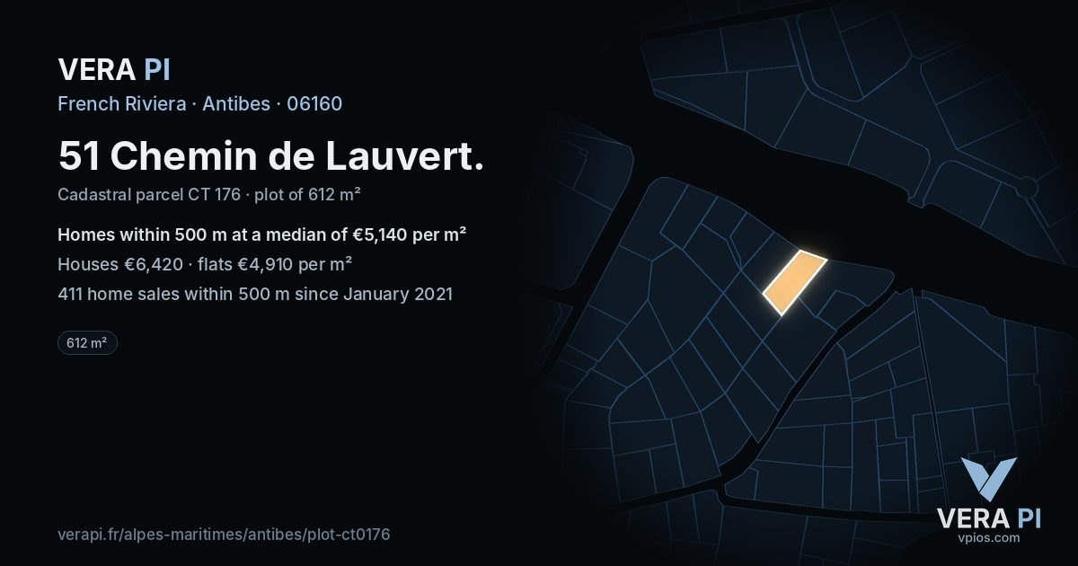 51 Chemin de Lauvert, Antibes at night – the plot lit, the parcels around coloured by the prices near them