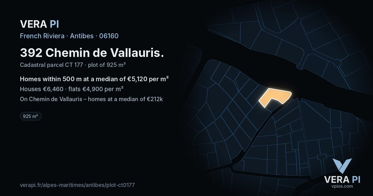 392 Chemin de Vallauris, Antibes at night – the plot lit, the parcels around coloured by the prices near them