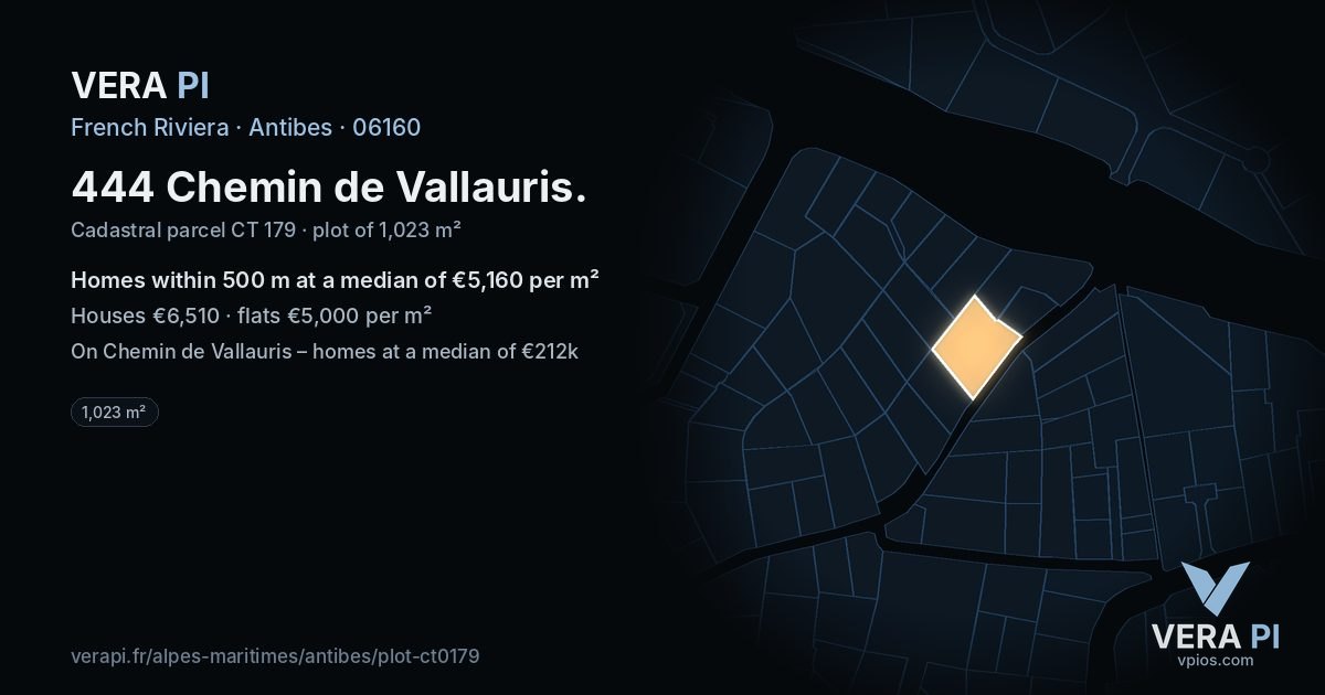 444 Chemin de Vallauris, Antibes at night – the plot lit, the parcels around coloured by the prices near them