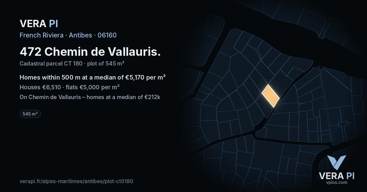 472 Chemin de Vallauris, Antibes at night – the plot lit, the parcels around coloured by the prices near them