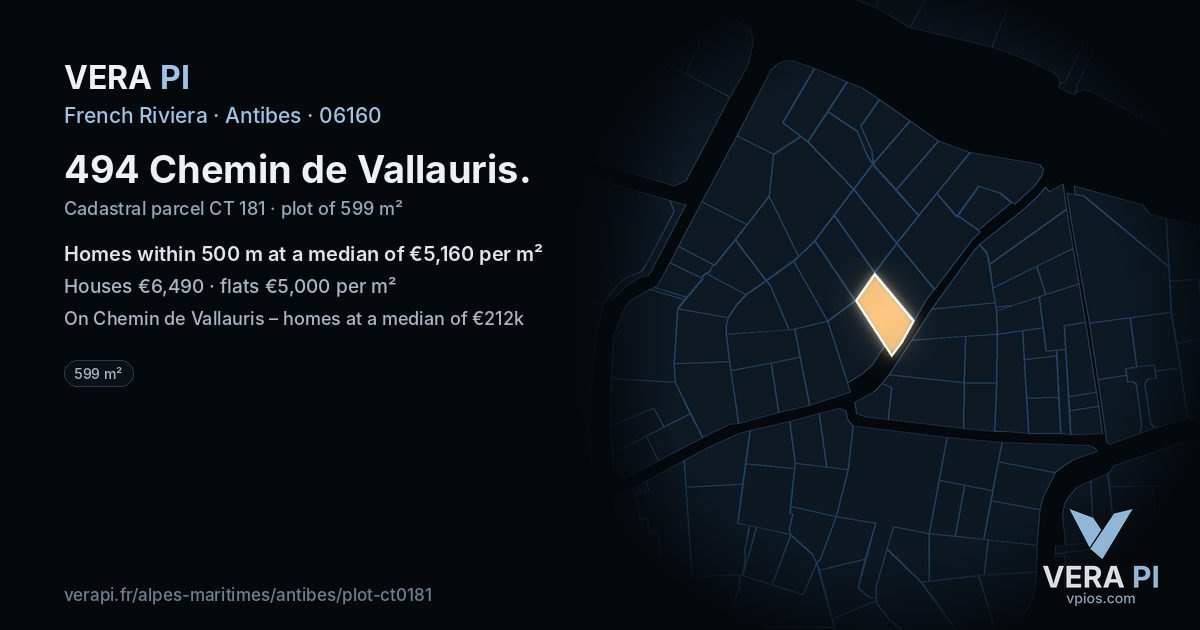 494 Chemin de Vallauris, Antibes at night – the plot lit, the parcels around coloured by the prices near them