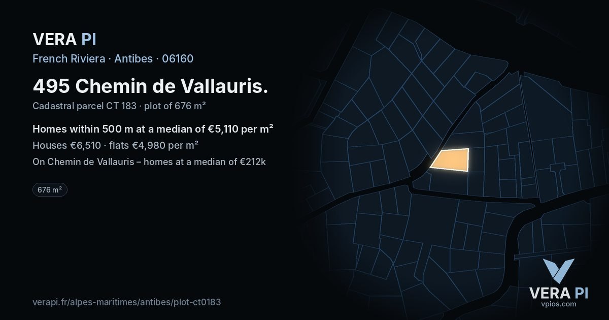495 Chemin de Vallauris, Antibes at night – the plot lit, the parcels around coloured by the prices near them