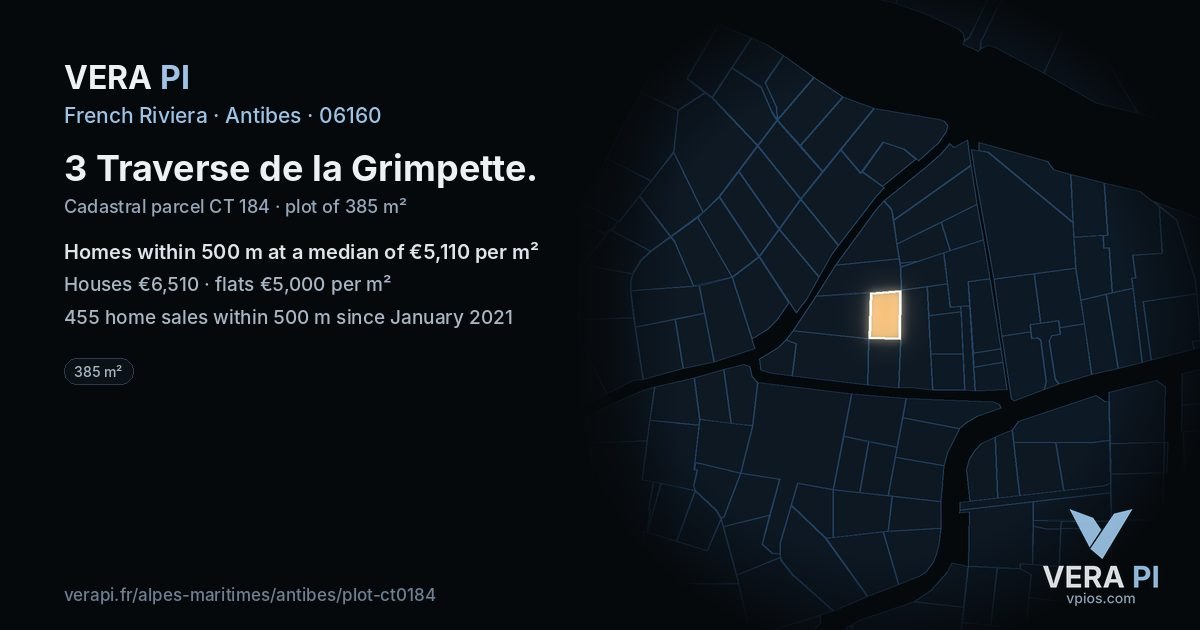 3 Traverse de la Grimpette, Antibes at night – the plot lit, the parcels around coloured by the prices near them