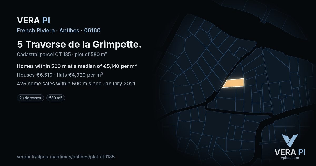 5 Traverse de la Grimpette, Antibes at night – the plot lit, the parcels around coloured by the prices near them