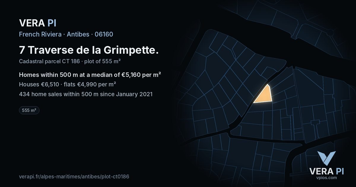 7 Traverse de la Grimpette, Antibes at night – the plot lit, the parcels around coloured by the prices near them