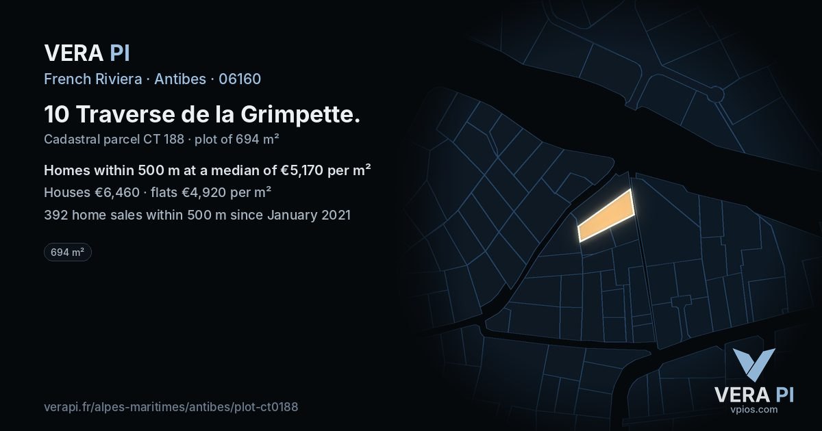 10 Traverse de la Grimpette, Antibes at night – the plot lit, the parcels around coloured by the prices near them