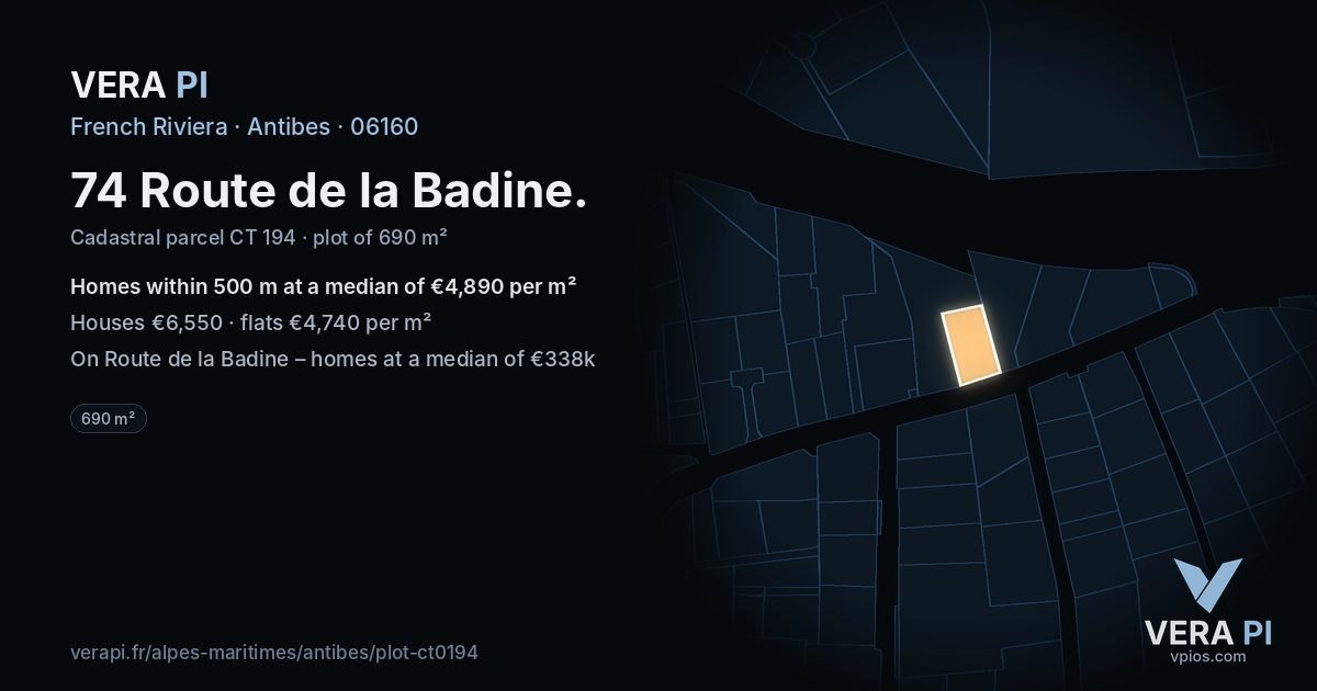 74 Route de la Badine, Antibes at night – the plot lit, the parcels around coloured by the prices near them
