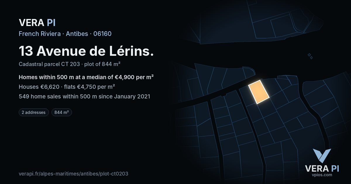 13 Avenue de Lérins, Antibes at night – the plot lit, the parcels around coloured by the prices near them