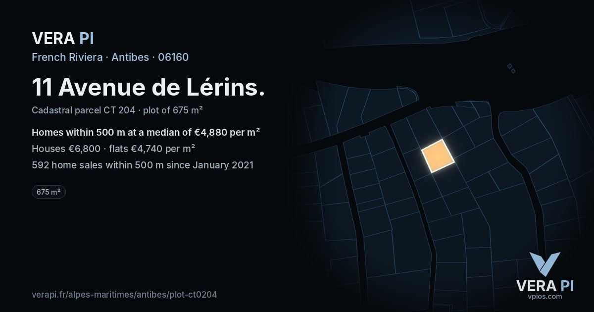 11 Avenue de Lérins, Antibes at night – the plot lit, the parcels around coloured by the prices near them