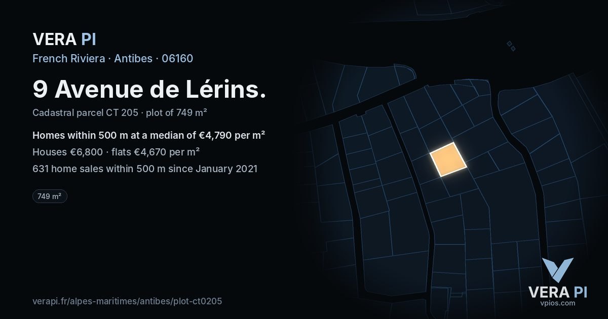 9 Avenue de Lérins, Antibes at night – the plot lit, the parcels around coloured by the prices near them