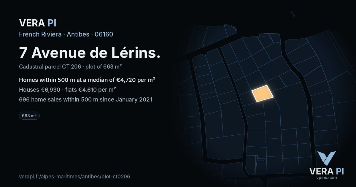 7 Avenue de Lérins, Antibes at night – the plot lit, the parcels around coloured by the prices near them