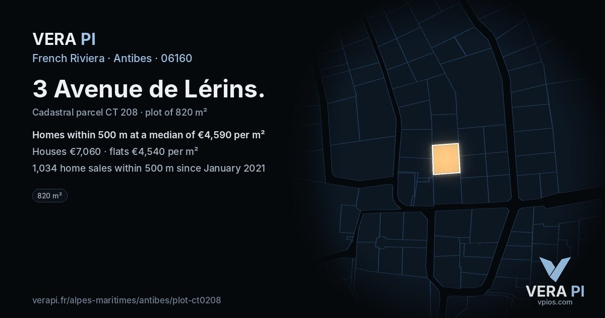 3 Avenue de Lérins, Antibes at night – the plot lit, the parcels around coloured by the prices near them