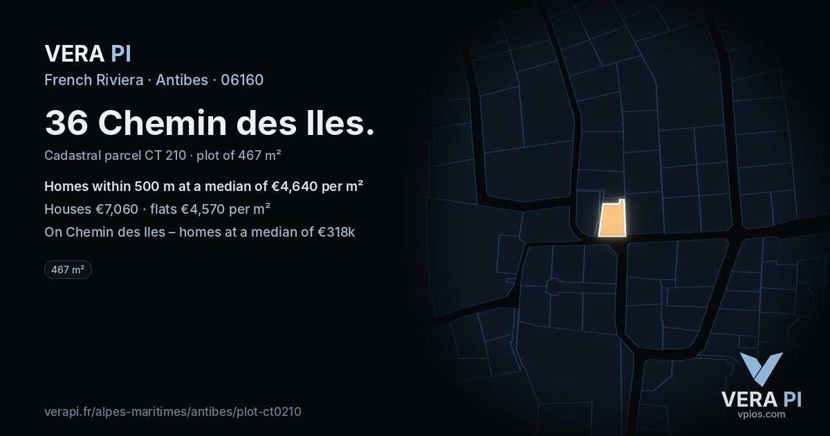 36 Chemin des Iles, Antibes at night – the plot lit, the parcels around coloured by the prices near them