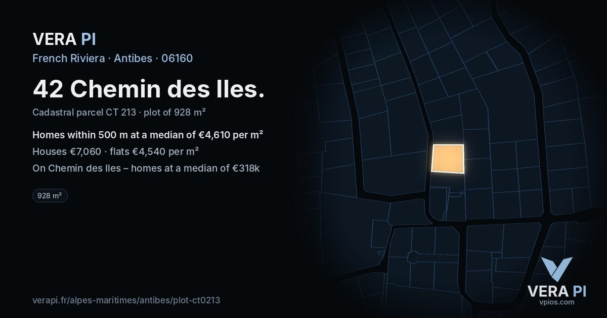 42 Chemin des Iles, Antibes at night – the plot lit, the parcels around coloured by the prices near them