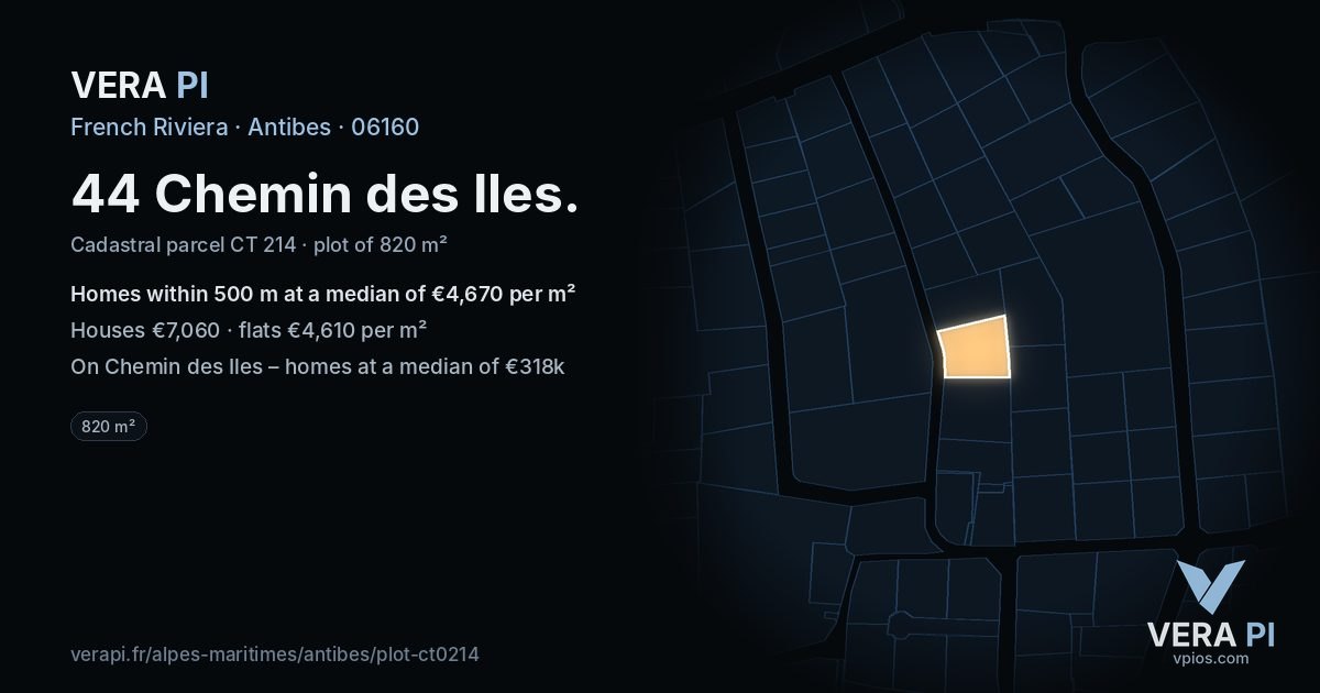 44 Chemin des Iles, Antibes at night – the plot lit, the parcels around coloured by the prices near them