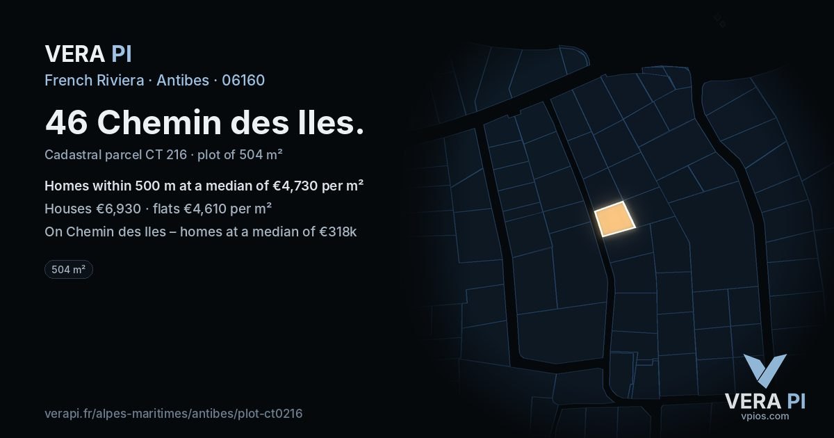 46 Chemin des Iles, Antibes at night – the plot lit, the parcels around coloured by the prices near them