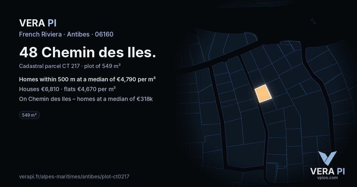48 Chemin des Iles, Antibes at night – the plot lit, the parcels around coloured by the prices near them