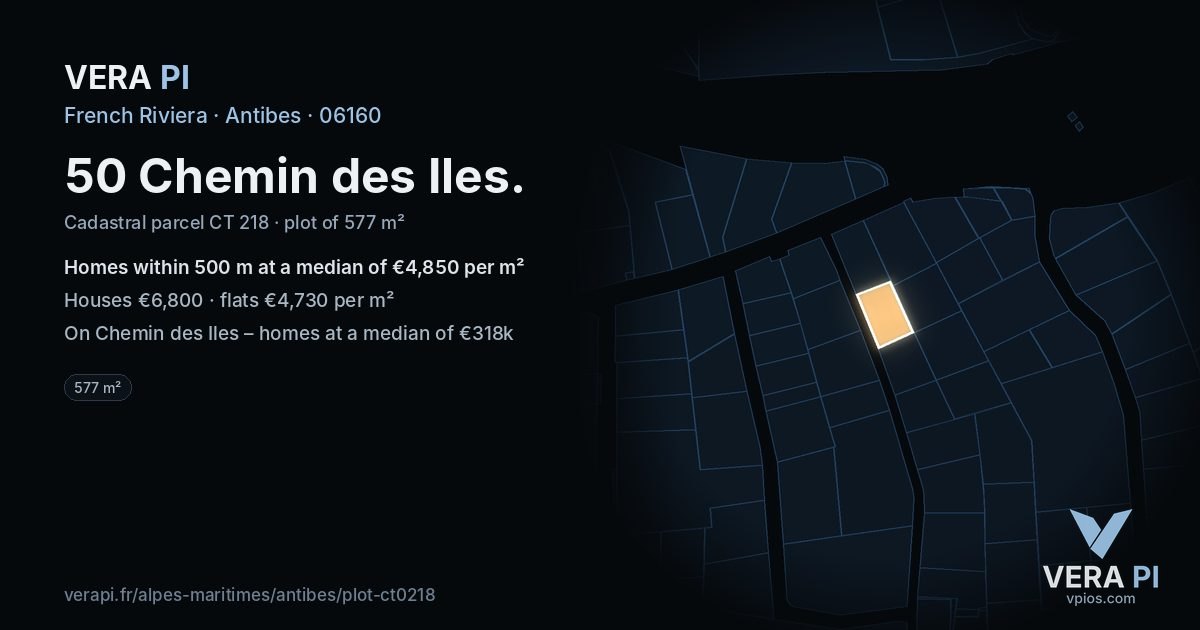 50 Chemin des Iles, Antibes at night – the plot lit, the parcels around coloured by the prices near them