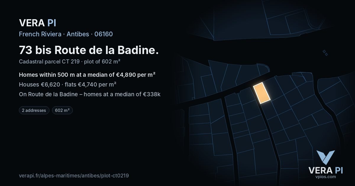 73 bis Route de la Badine, Antibes at night – the plot lit, the parcels around coloured by the prices near them