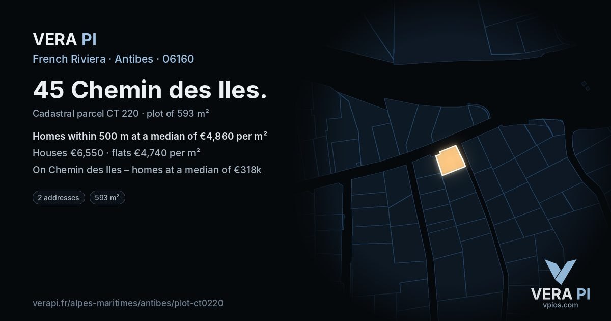 45 Chemin des Iles, Antibes at night – the plot lit, the parcels around coloured by the prices near them