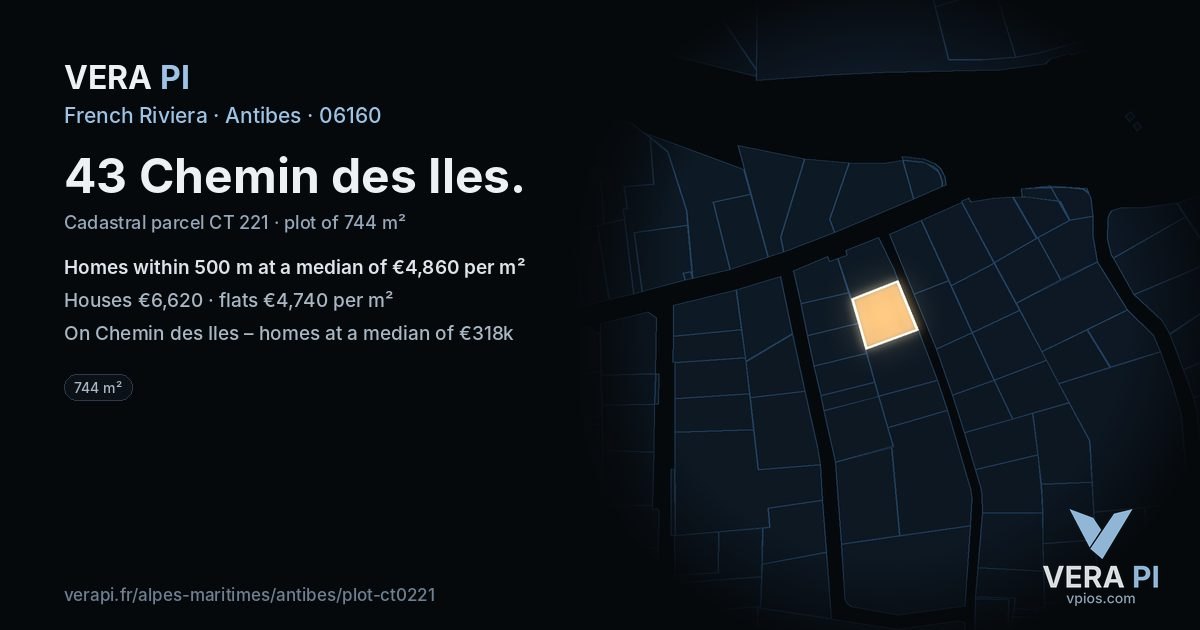 43 Chemin des Iles, Antibes at night – the plot lit, the parcels around coloured by the prices near them