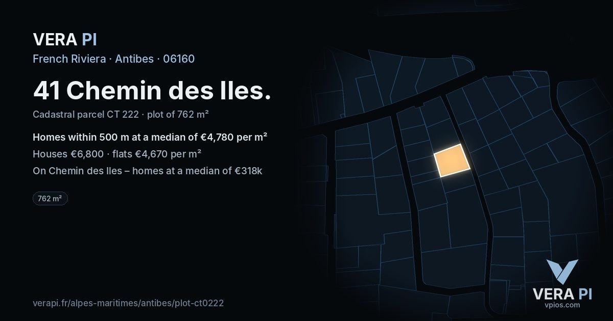 41 Chemin des Iles, Antibes at night – the plot lit, the parcels around coloured by the prices near them