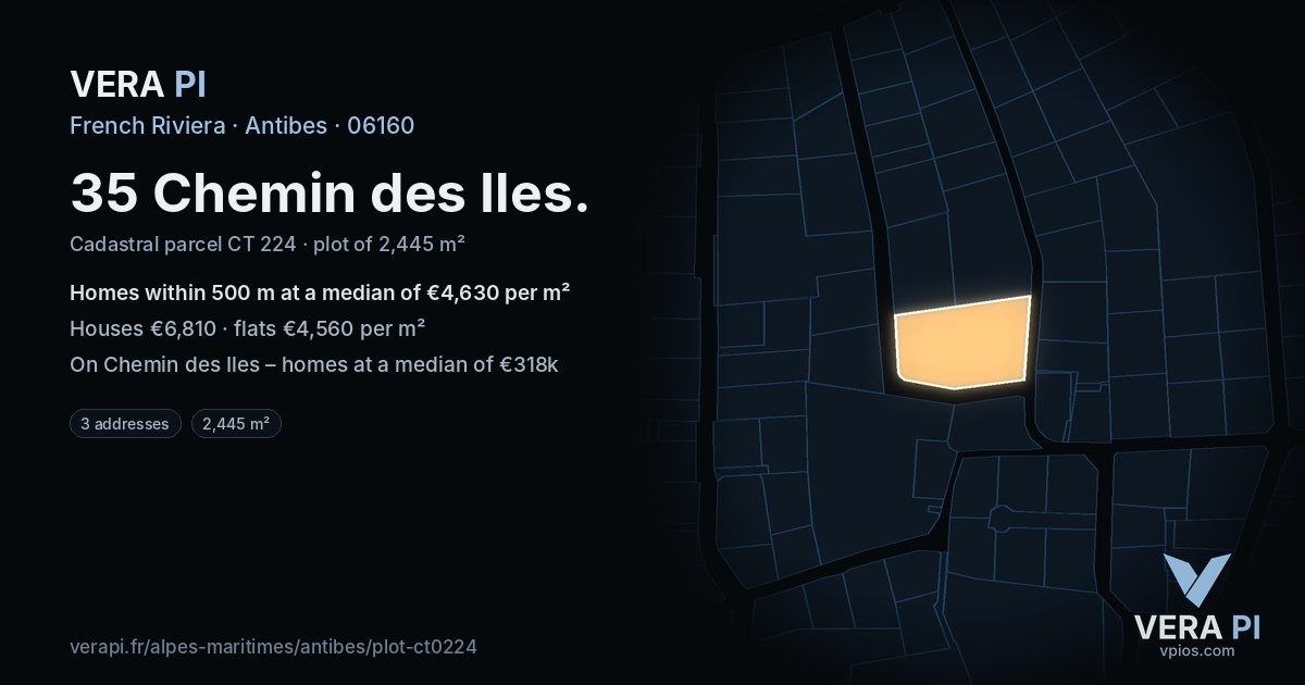 35 Chemin des Iles, Antibes at night – the plot lit, the parcels around coloured by the prices near them