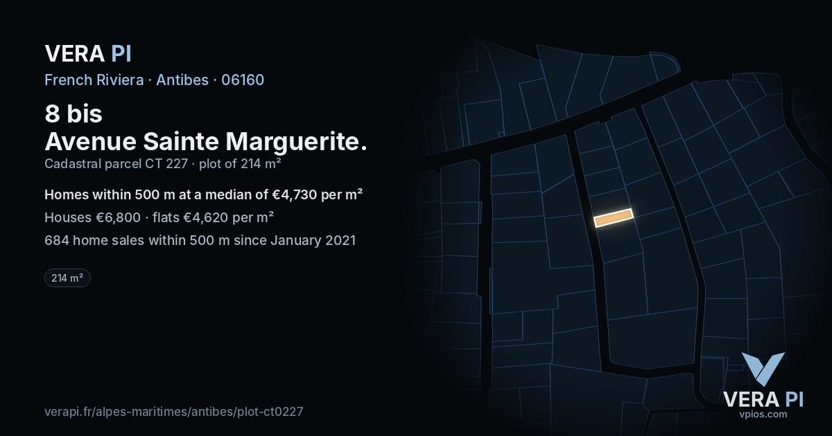 8 bis Avenue Sainte Marguerite, Antibes at night – the plot lit, the parcels around coloured by the prices near them