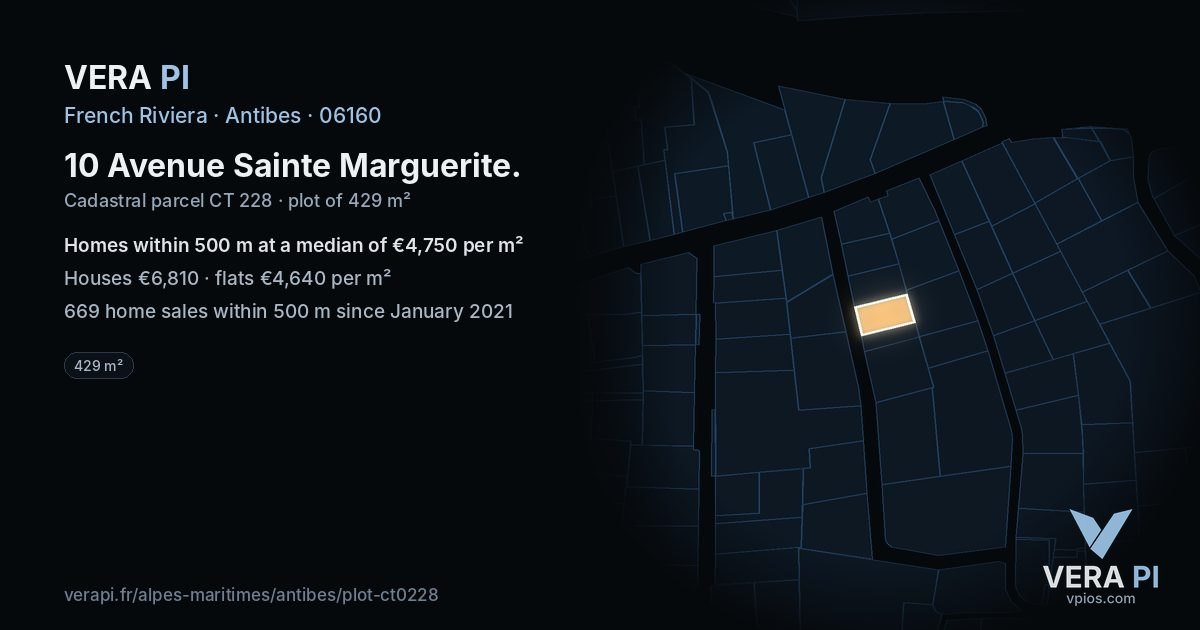 10 Avenue Sainte Marguerite, Antibes at night – the plot lit, the parcels around coloured by the prices near them