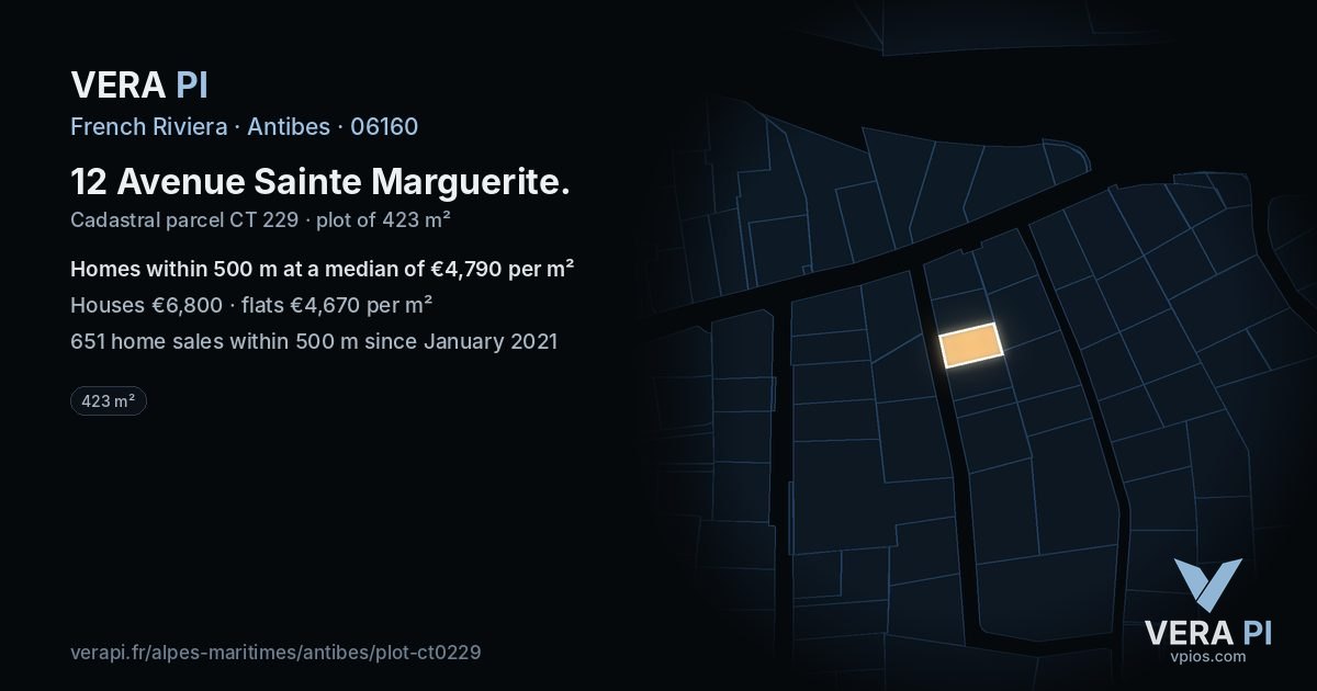 12 Avenue Sainte Marguerite, Antibes at night – the plot lit, the parcels around coloured by the prices near them