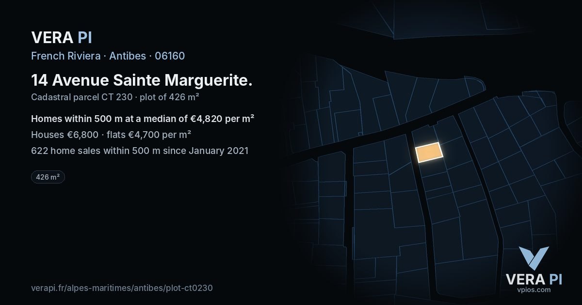 14 Avenue Sainte Marguerite, Antibes at night – the plot lit, the parcels around coloured by the prices near them