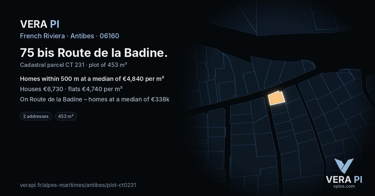 75 bis Route de la Badine, Antibes at night – the plot lit, the parcels around coloured by the prices near them
