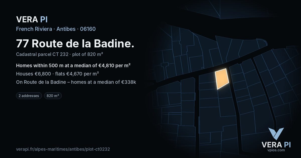 77 Route de la Badine, Antibes at night – the plot lit, the parcels around coloured by the prices near them